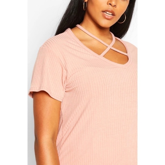 BooHoo Light Blush Pink Cross Front Strap Ribbed Short Sleeve T-Shirt 14 - Picture 2 of 6